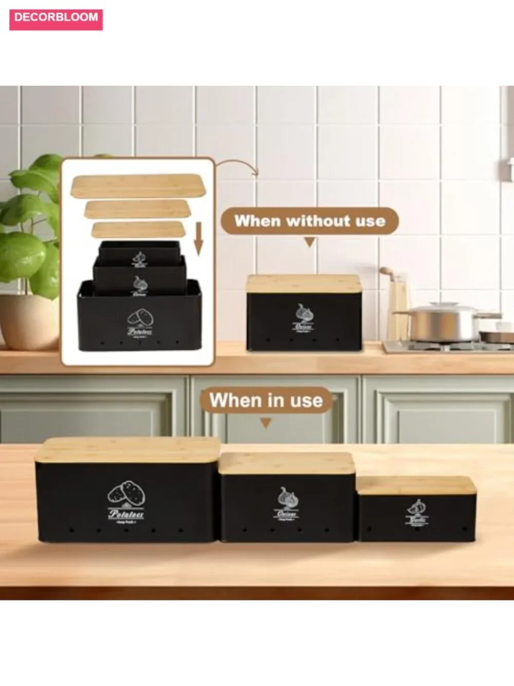 3-Piece Stackable Metal Vegetable Storage Set with Bamboo Lids